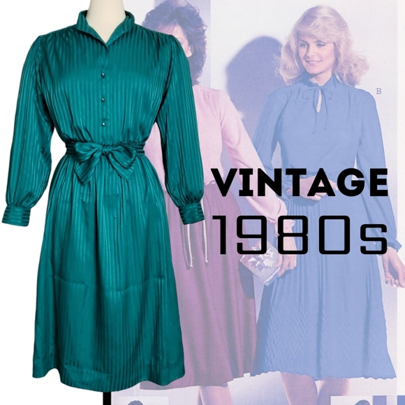 Vintage Dresses & Skirts - VINTAGE 80s Long Sleeve Secretary Dress | Blue Green Teal | Size 10 Medium